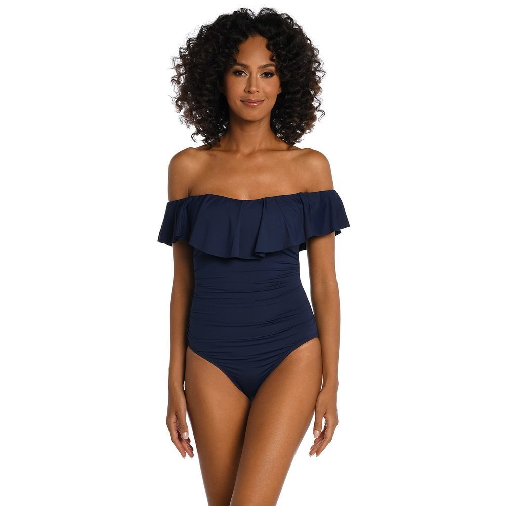 La Blanca Island Goddess Off Shoulder Ruffle One Piece Swimsuit Indigo 12 NWT